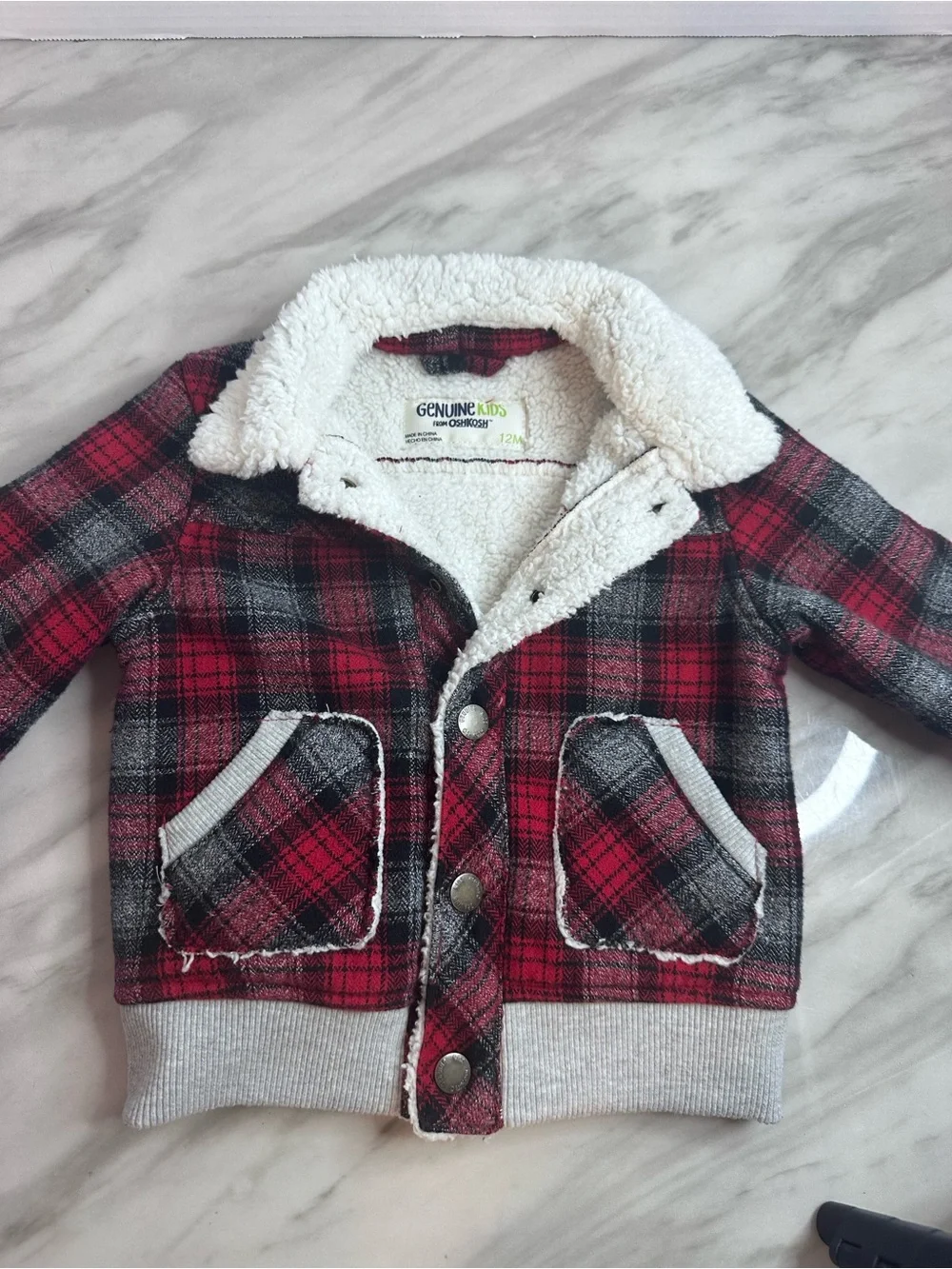 OshKosh B'gosh Red and Gray Plaid Sherpa Collar Jacket